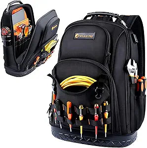 Tool Backpack Heavy Duty, Tool Bag Backpack for Men Waterproof Oxford Fabric with Plastic Base, 19IN Large Capacity with 44 Pockets, Padded Back & Straps for All Worksite Environments