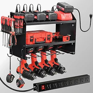 Power Tool Organizer Wall Mount with Charging Station, Heavy Duty 3 Layer Garage Tool Storage with 4 Cordless Drill Holder 8 Outlet Power Strip, Gift for Men Husband Dad Birthday Anniversary black