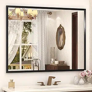 44" x 36" Matte Black Bathroom Mirror for Wall, Rectangular Beveled Vanity Mirror with Aluminum Alloy Frame, Right Angle Corner, HD Reflection, Horizontal or Vertical Mount