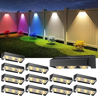 NIORSUN Solar Fence Lights, 12 Pack LED Outdoor Solar Deck Lights with Lenses, RGB Color, IP65 Waterproof, Solar Lights for Outside, Wall, Patio, Railing, Yard (Black)
