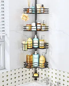 HapiRm Corner Shower Caddy Organizer - Shower Organizer Corner with Soap Holder, Toothbrush Holder and 4 Hooks, Rustproof Bathroom Shelf Tension Pole Available for 27.6 to 108.3 Inch - Black