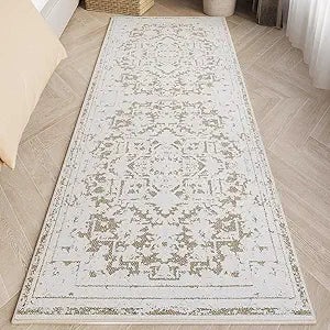 Vintage Runner Rug Non Slip for Hallway Bathroom Kitchen 2x10 ft, Ultra Soft Boho Carpet Runner with Low Pile Design Machine Washable Runner Rugs for Entryway Laundry Living Room Khaki, 2'x10'
