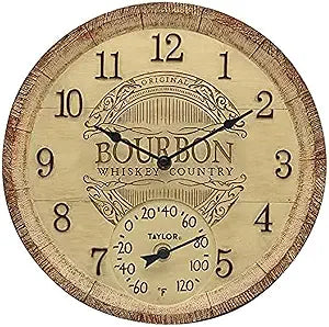 Taylor Bourbon Barrel Poly Resin Indoor and Outdoor Clock and Thermometer, Home Decor for Garden, Patio, Pool, and Indoor Areas, 14-inch, Multi-Color