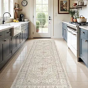 3x10 Runner Rug for Hallway Washable: Non Slip Kitchen Rugs with Rubber Backing Soft Waterproof Mats Stain Resistant Indoor Vintage Carpet Runner for Bedroom Bathroom Laundry Entryway Beige/Gray