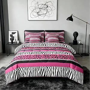 Feelyou Zebra Stripes Bed in a Bag Leopard Print 7 PCS Comforter & Sheets Kids Pink Black White Zebra Leopard Fur 7 PCS Bed in a Bag Set Wild Animal Skin Texture Comforter Set with Sheets Full Size