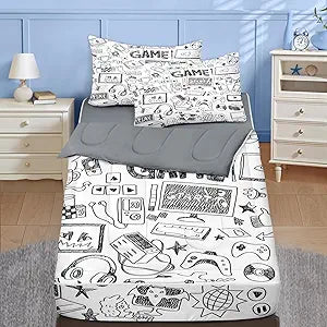 Nesker Twin Zipper Bedding, Gaming Zipper Bedding Sets for Boys, 3pcs All in on one, Computer Games Doodles Gamer Kids Comforter Set with Fitted Sheet and 2 Pillowcases