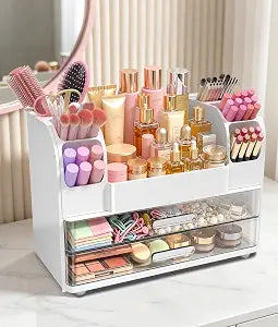 Hanyi Makeup Organizer for Vanity,Countertop Cosmetic Organizer with 2 Clear Drawers & 6 Brush Holders,Large ABS Makeup Storage for Skincare,Lipsticks,Perfume,Nail Polish & Beauty Essentials,White