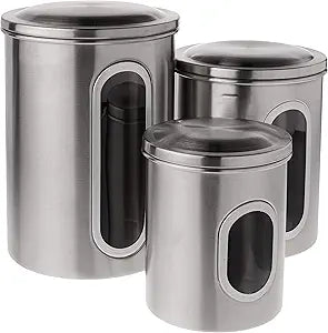 Fox Run Stainless Steel Canister Set For Kitchen Counter, 3-Piece Set for Sugar, Flour, Coffee and More