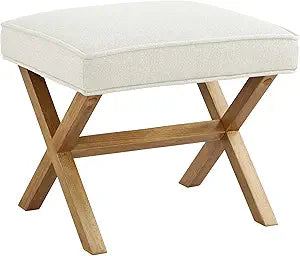 Amazon Basics Small Ottoman Foot Rest, Mid-Century Modern X Square Polyester Foot Stool, Linen, Ivory White, 18"D x 19.8"W x 18.3"H
