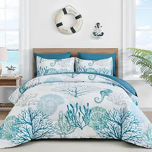 WONGS BEDDING Coastal Comforter Set Queen, Beach Themed Comforter,7 Pieces Ocean Nautical Seaweed & Starfish Bed in a Bag (90"90")