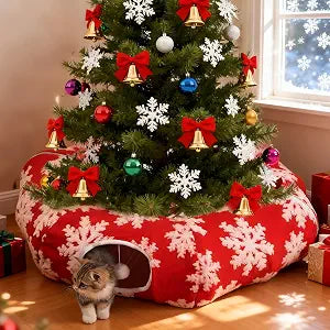 Cat Tunnel Christmas Tree Skirt,Christmas Tree Cat Tunnel for Indoor Cats,Cat Tunnels Tree Skirt,Soft Peekaboo Hideway Bed Cave Donut Toys Circle Tunnels for Kittens & Large Cats (Red)