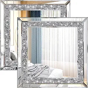 ZOLAPI 2PCS Crystal Rhinestone Diamond Wall Mirror.Brilliant Hand-Spliced Glass Mirror.Accent Decorative Mirror for Hallway/Bathroom/Bedroom12x12