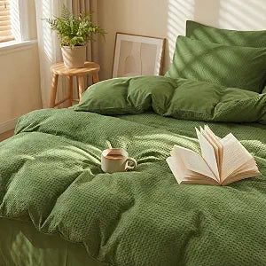 100% Cotton Duvet Cover Cotton Waffle Weave Bedding, 3 Piece Ultra Soft Luxury Textured Breathable Duvet Cover + 2 Pillowcases Olive Green (No Comforter) Queen (90''x90'')