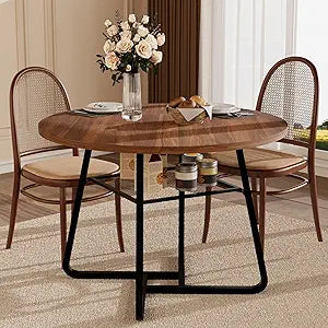 Round Dining Table for 4 People, 43.3 Inches Dining Room Table with Metal Base, Walnut Brown Dinner Tables with Open Storage, Circle Kitchen Tables for Dining Room(Table Only) (Walnut Brown)