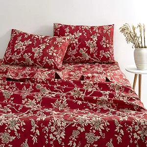 Wake In Cloud - Floral Bed Sheets, 4-Piece Sheet Set, Vintage Flower Shabby Chic Botanical Coquette Cottagecore Bedding, Deep Pocket, Red, Queen Size