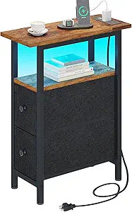 TRIFEBLE End Table with Charging Station, Narrow Side Table with 2 Fabric Drawers, Skinny Nightstand with LED Light, Slim Bedside Table for Bedroom, Living Room, Small Spaces, Rustic Brown and Black