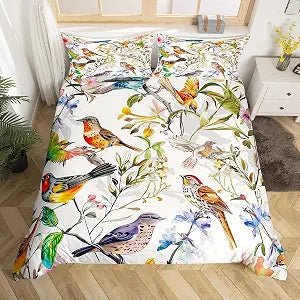 Birds Pattern Duvet Cover,Kids Spring Flowers Bedding Set,Colorful Comforter Cover for Boys Girls Room Decor,Garden Lightweight Bedspread Cover Twin Size with 1 Pillow Case(No Comforter)