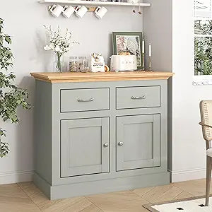Modern Farmhouse Gray Sideboard Buffet Cabinet, 2-Drawer & 2-Door Freestanding Credenza with Wood Top, Coffee Bar for Kitchen