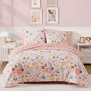 BLOOMHAVEN Full Size Comforter Sets for Girls, 7 Pieces Pink Bedding Set with Pastel Flower, All Seasons Kids Bed in a Bag with Sheets, Pillowcases & Shams