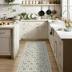 Olive Green Runner Rug 2x6 Boho Green Beige Area Rugs for Entryway, Washable, Vintage Farmhouse Bedroom Area Rugs Non Slip Bathroom Long Runner Kitchen Floor Mat Laundry Room Flower