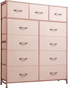 WLIVE Tall Dresser for Bedroom, Fabric Dresser Storage Tower, Chest of Drawers Organizer Unit with 11 Drawers, Storage Cabinet, Hallway, Closets, Steel Frame, Wood Top, Pink