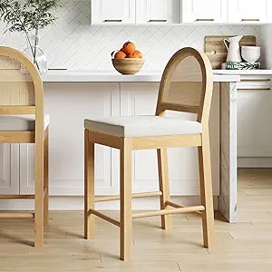 Nathan James Bailey Upholstered Rattan Bar Stool in Oak Finish Frame, Counter Height Stool with Natural Rattan Woven Back For Kitchen Island, Brown