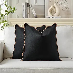 Scalloped Pillow Covers Set of 2 for Living Room | Decorative Sofa Couch Pillows | Boho Sytle Decorative Home | Aesthetic Funky Preppy Pillow Cases (Black & Brown, 26x26 Inch)