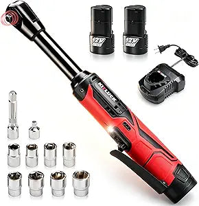 KITLUCK Cordless Electric Ratchet Wrench Set, 3/8" 12V Extended Power Ratchet Tool Kit, 41 Ft-Lbs Cordless Ratchet with 8 Sockets, 1/4" adapter, LED Light, 2-Pack 2000mAh Battery And Charger
