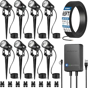 SUNVIE All-In-One LED Landscape Lighting Kit, 8-Pack Low Voltage Landscape Lights with Transformer and 65FT UL-Listed Wire, 3000K Waterproof Outdoor Uplights with Connectors for Yard House Garden Tree