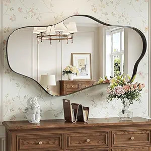 Black Irregular Wall Mirror, 24 x 40 Asymmetrical Wall Mirror with Metal Frame, Black Large Wavy Decorative Mirrors for Bathroom, Entryways, Living Room, Vanity