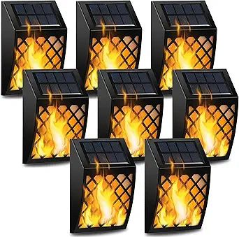 Dynaming Solar Flame Wall Lights Outdoor, 8 Pack Solar Powered Wall Lights, Flickering Flame Auto On/Off Wall Mounted Fence Deck Lights Lattice Decorative for Garage Garden Pathway Patio Porch Yard