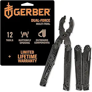 Gerber Gear Dual-Force Multitool - Heavy Duty, Center Axis Driver, Blunt Nose Pliers with Saw, Wire Cutters, Bit Storage, and More - Black