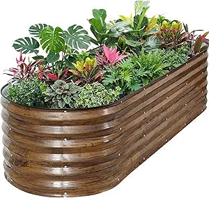 Galvanized Raised Garden Bed Outdoor- 6x2x1.4ft Oval Steel Raised Beds for Gardening, Metal Planter Box with Protective Strip and Gloves for Vegetables, Flowers, Fruits (Brown)