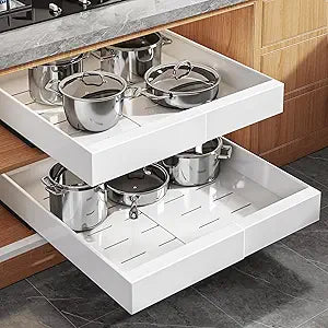 Seinloes 2Pack Expandable Pull Out Cabinet Organizer 21"Deep With Raising Pad for Framed Cabinets, Upgrade 3 Slide Rails Slide Out Drawers, Roll Out Shelves Adhesive,Adjustable Width 12.05"-20.4"White