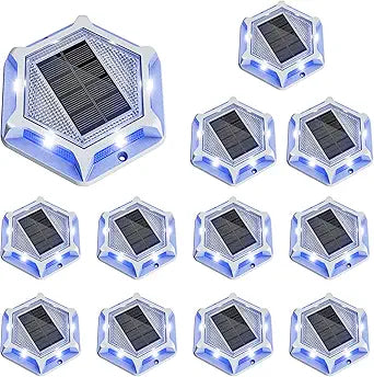 VOLISUN Solar Driveway Lights Dock Outdoor Waterproof Marker Lights,12 Pack Solar Deck Lights 2 Colors in 1 Led Wireless IP67,Solar Blue Deck Lights for Sidewalk Pathway Yard(White/Blue),Auto On/Off