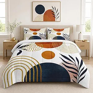 WeCozy King Size Comforter Set with 2 Pillowcases, Retro Sun Boho Geometric Leaf 3 Pcs Bedding for Adults, Mid Century Soft Comforter Set for Bedroom Bed Decor