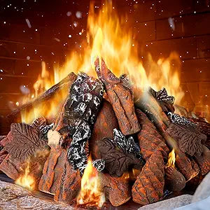 Yalikop 20pcs Ceramic Logs Set for Gas Fireplace Fake Wood Logs Pine Cones Maple Leaf Acorns for Propane, Ventless, Gas Inserts, Indoor Outdoor Fireplace, Fire Pit Christmas Thanksgiving Decor