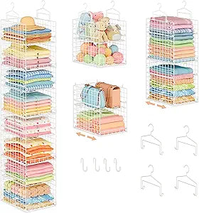 8-Tier Extended Depth Hanging Closet Organizers and Storage for Closet System, Stackable Closet Shelves with 4 Adjustable Dividers for Clothes Sweaters Purses, Wire Hanging Basket Fits Closet Laundry