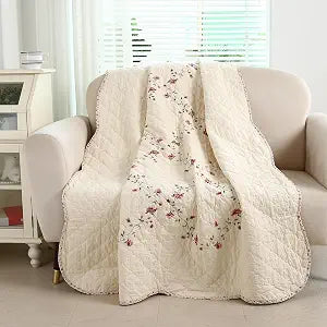 vctops 100% Cotton Quilted Throw Blanket 50x60 Inch Floral Embroidered Reversible Patchwork All Season Throw (Flower,50"x60")