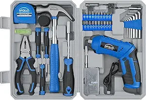 Apollo Tools 81-Piece Home Tool Set with 3.6V Li-Ion USB Cordless Screwdriver, Rotating Handle, LED Light, Hand Tools & Picture Hanging Kit  Compact Household Repair & DIY Kit, Blue/Gray DT2020