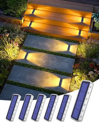 DetarZinLED Solar Step Lights for Outside 6 Pack, 12 LEDs 2-Sided Illumination Solar Stair Lights Outdoor IP68 Waterproof,Auto On/Off Deck Lights Solar Powered for Patio,Yard,Path,Walkway (Warm White)