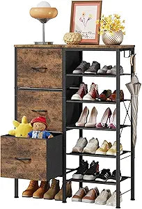 YAOHUOO Multi-use Metal Shelf Organizer with 3 Fabric Drawers, 6 Tier Shoe Rack, Storage for Entryway,Closet,Living Room