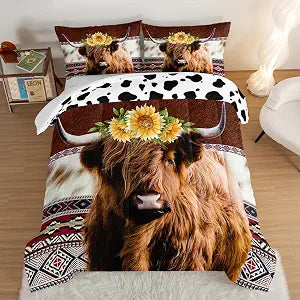 HOSIMA Highland Cow Comforter with 2 Pillowcases,Animal Theme Western Bedding Sets,Brown Cowhide Black White Cow Print Comforter Set Twin Size for Adults Women.