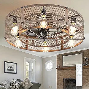 Caged Ceiling Fans with Light: 26 Inch Flush Mount Ceiling Fan with Light and Remote - Rustic Ceiling Fans with Lights for Farmhouse Kitchen Bedroom(E26 Bulbs Not Included)