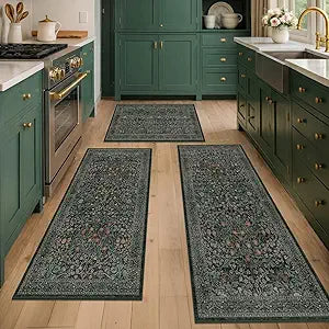 Black Green Kitchen Rug Set of 3, Washable Non-Slip Mats with Runner, Low Pile Vintage Botanical Floor Covering for Entryway, Bathroom, Hallway, Laundry Room