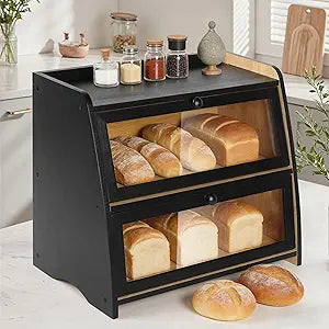 Bamboo Double Layer Bread Box for Kitchen Counter - 2 Layer Large Breadbox for Countertop Organizer - Bread Storage Boxes Container Bin for Homemade Bread - Black