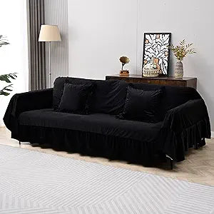 Extra Large Velvet Sofa Throw Cover with Ruffle Trim, 78.7x134 Thick Decorative Couch Cover for 2-3 Cushion Sofa, Regal Victorian Style Furniture Protector, Black