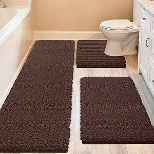 ACCUMTEK Upgrade Extra Large Brown Bathroom Rug Set 3 Pieces Ultra Soft, Thick Absorbent Bath Mats, Non Slip Chenille Toilet Mat for Bathroom, Bedroom, Kitchen, Dark Coffee