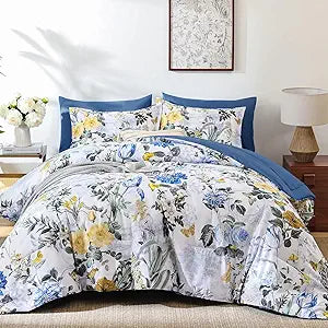 WONGS BEDDING Blue Comforter Set King, 7 Pieces Bed in a Bag Botanical Floral Comforter Bedding Set, Soft Microfiber Comforter with Flat Sheet, Fitted Sheet, Pillow Shams, Pillowcases