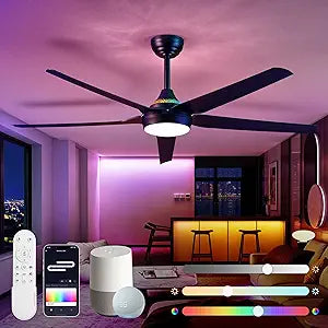 Fanbulous 56'' Smart Ceiling Fans with RGB Lights, Modern Ceiling Fan with Alexa/App/Remote Control, Dimmable LED Light, Reversible DC Motor, for Living Room, Bedroom, Game Room, Black